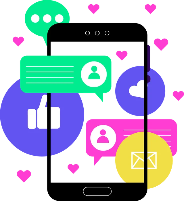 Illustration : smartphone entouré de bulles de messages et de cœurs
