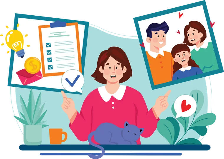 Illustration : femme entre sa vie professionnelle et sa famille