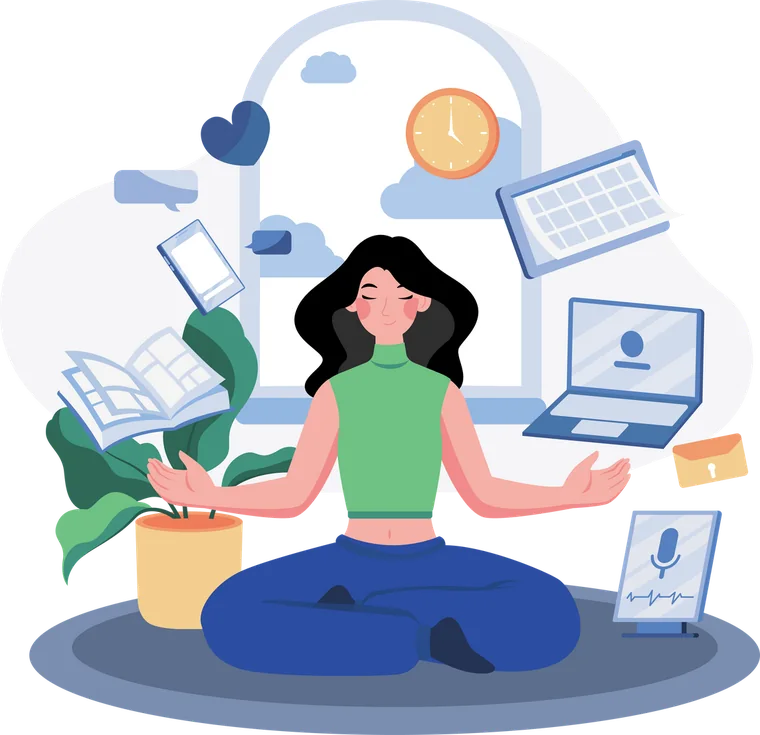 Illustration : femme qui médite entourée de ses outils de travail