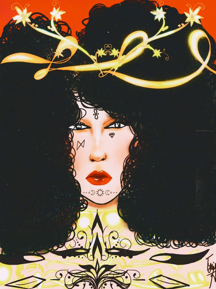 Dessin de Tyssia : portrait d’une femme aux cheveux volumineux ornés de motifs dorés