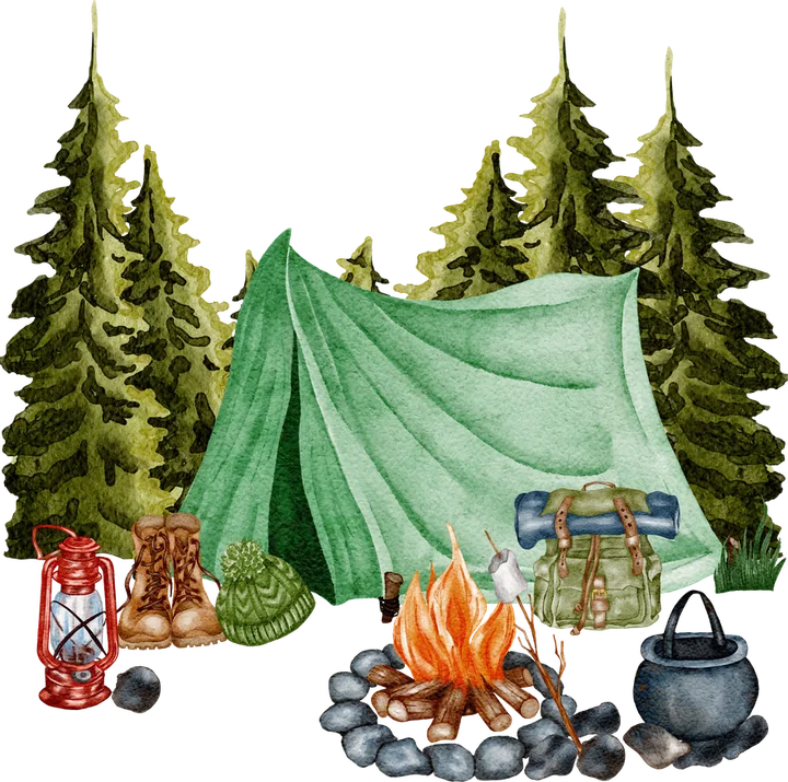 Illustration : tente de camping, feu de camp et sapins